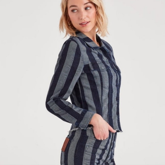 NWT 7 FOR ALL MANKIND x MARQUES ALMEIDA Linen Cotton Striped Denim Crop Jacket - Picture 3 of 10